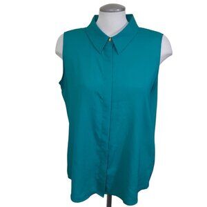 Calvin Klein Womans Button Up Top Teal Small Solid Sleeveless Collared Office